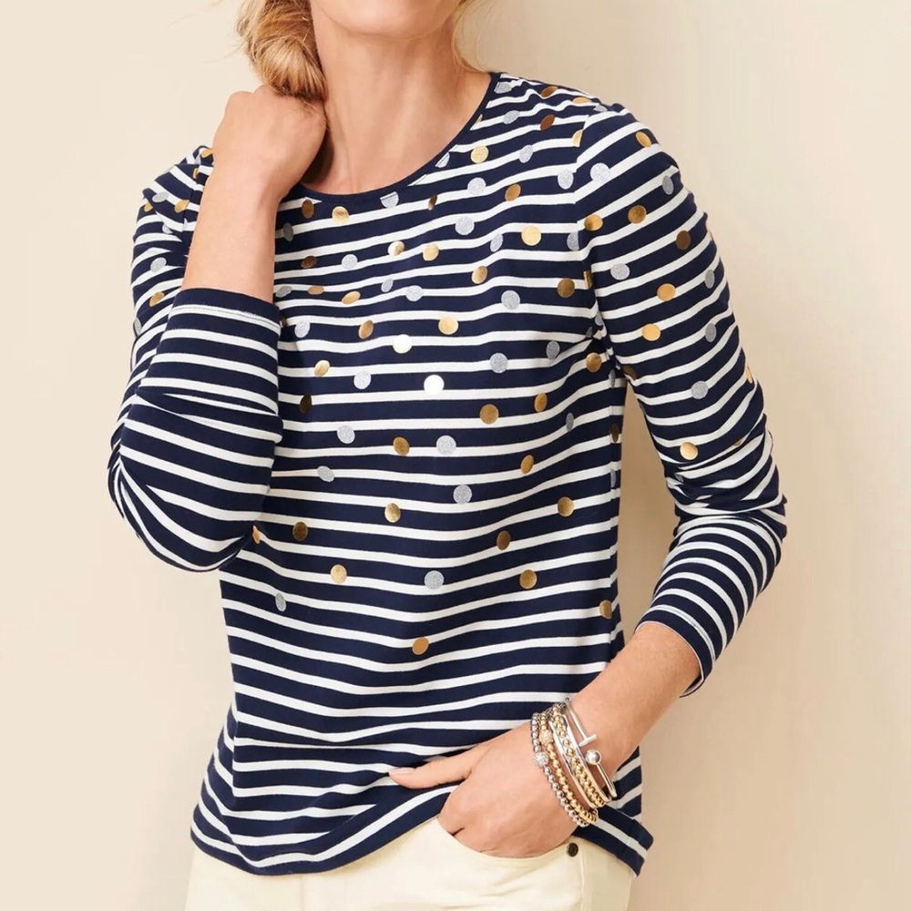Talbots. Talbots tee long sleeved navy French strip with pretty sprinkled dots